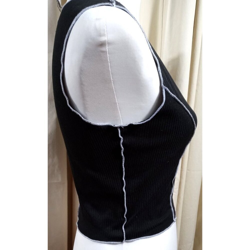 Windsor Sexy Sleeveless Black Top Size Small with White Piping - Picture 3 of 8